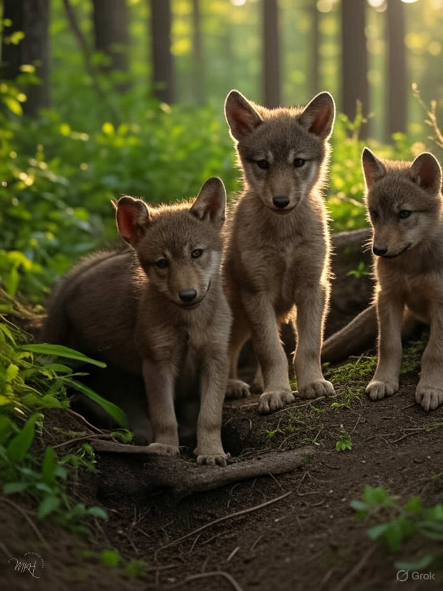 Three wolf pups in sunlight