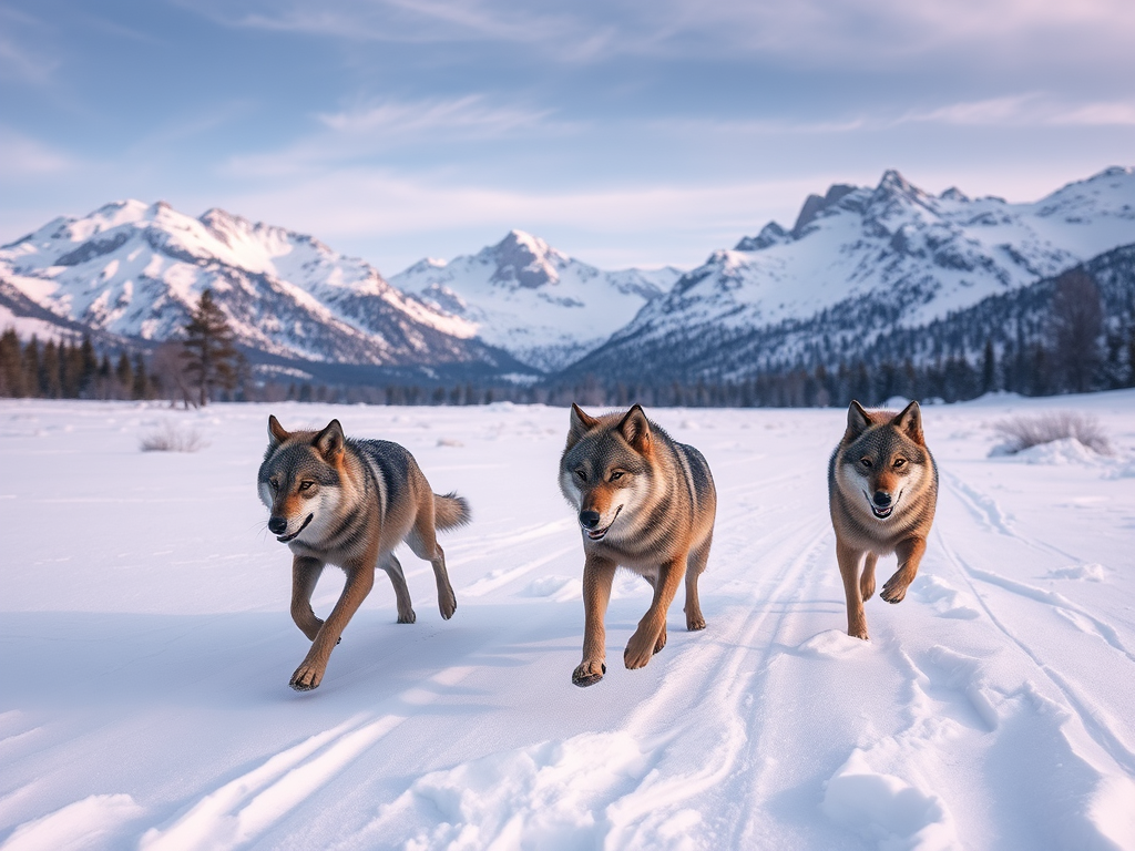 Fiction - Three wolves walking in snowy landscape.
