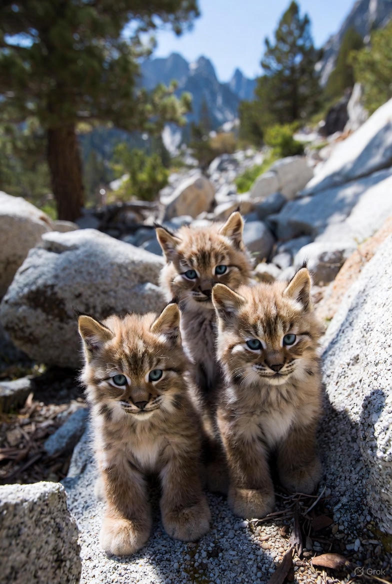 Three adorable lynx kittens outdoors.