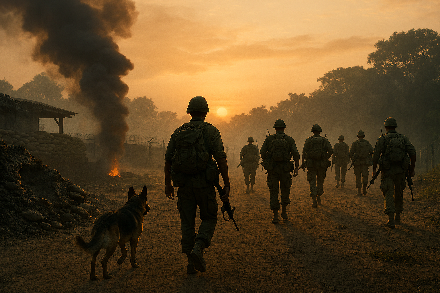 Soldiers walking at sunset with dog.
