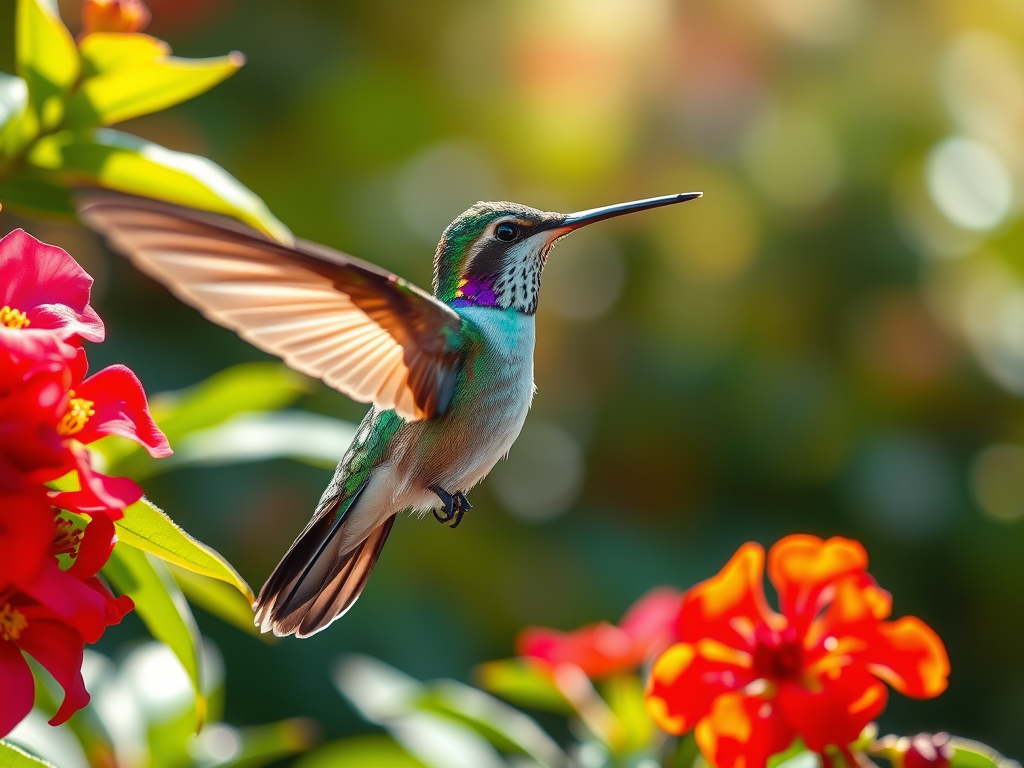 Hummingbird hovering near vibrant flowers.